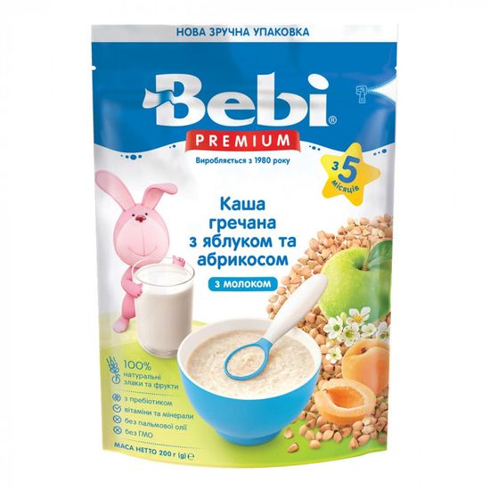 Каша молочна Bebi Premium Гречана з яблуком і абрикосами, з 5 міс., 200 г, арт. 1105052