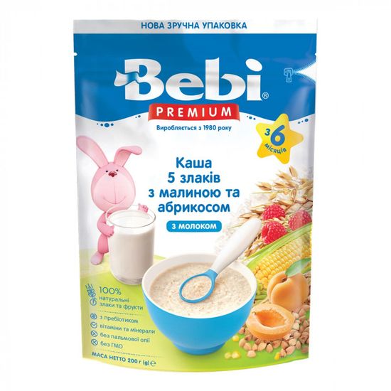 Каша молочна Bebi Premium 5 злаків з малиною і абрикосом, з 6 міс., 200 г, арт. 1105066