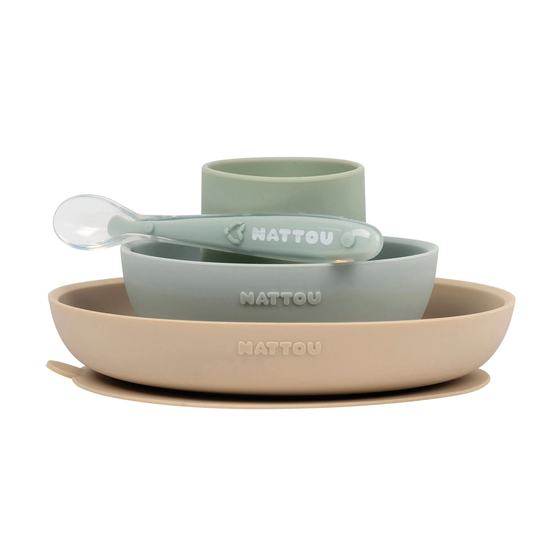 Набор посуды Nattou "Silicon": 2 тарелки, ложка и стакан, арт. 8777, цвет Мятный