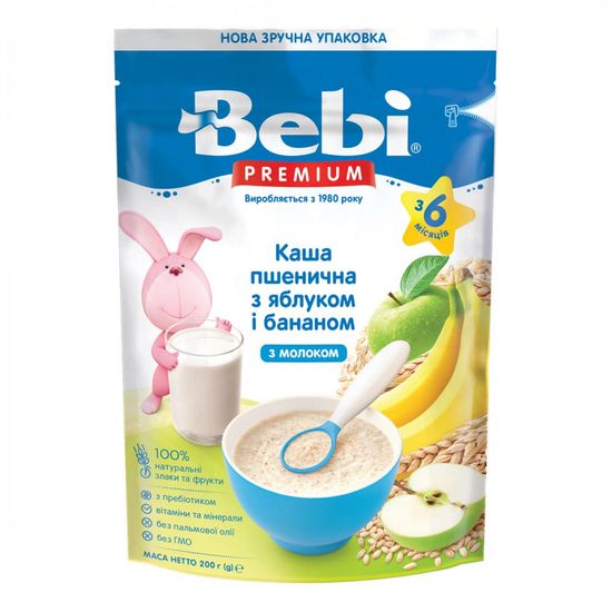 Каша молочна Bebi Premium Пшенична з яблуком і бананом, з 6 міс., 200 г, арт. 1105058