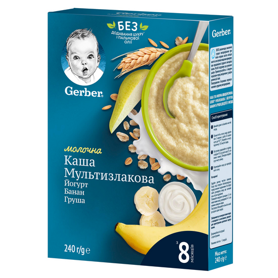 Молочная каша Gerber Мультизлаковая с йогуртом, бананом и грушей, с 8 мес., 240 г, арт. 12449173