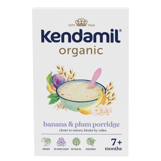 Органическая безмолочная  каша Kendamil Organic с бананом и сливой, с 7 мес., 150 г, арт. 92000012